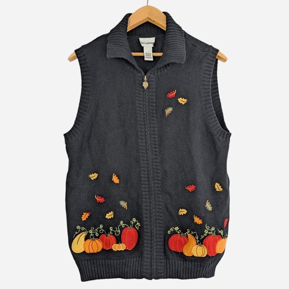 Breckenridge Pumpkin Leaf Embroidered Sweater Vest Black Size Large